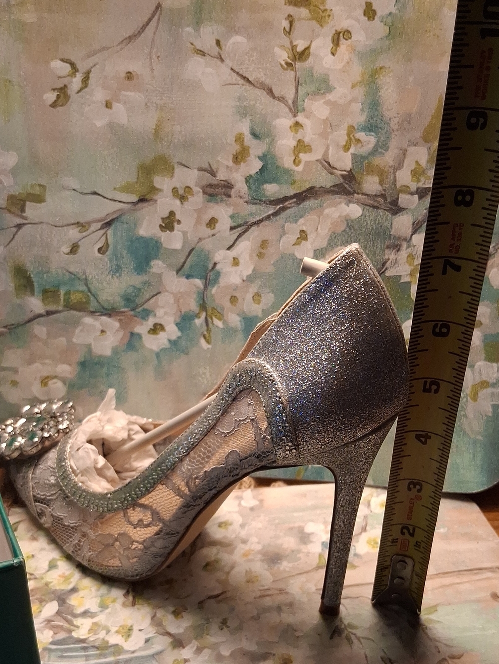 Lauren Lorraine Silver Glitter Lace Pointed-Toe Heels with Crystal Cluster - Picture 8 of 10